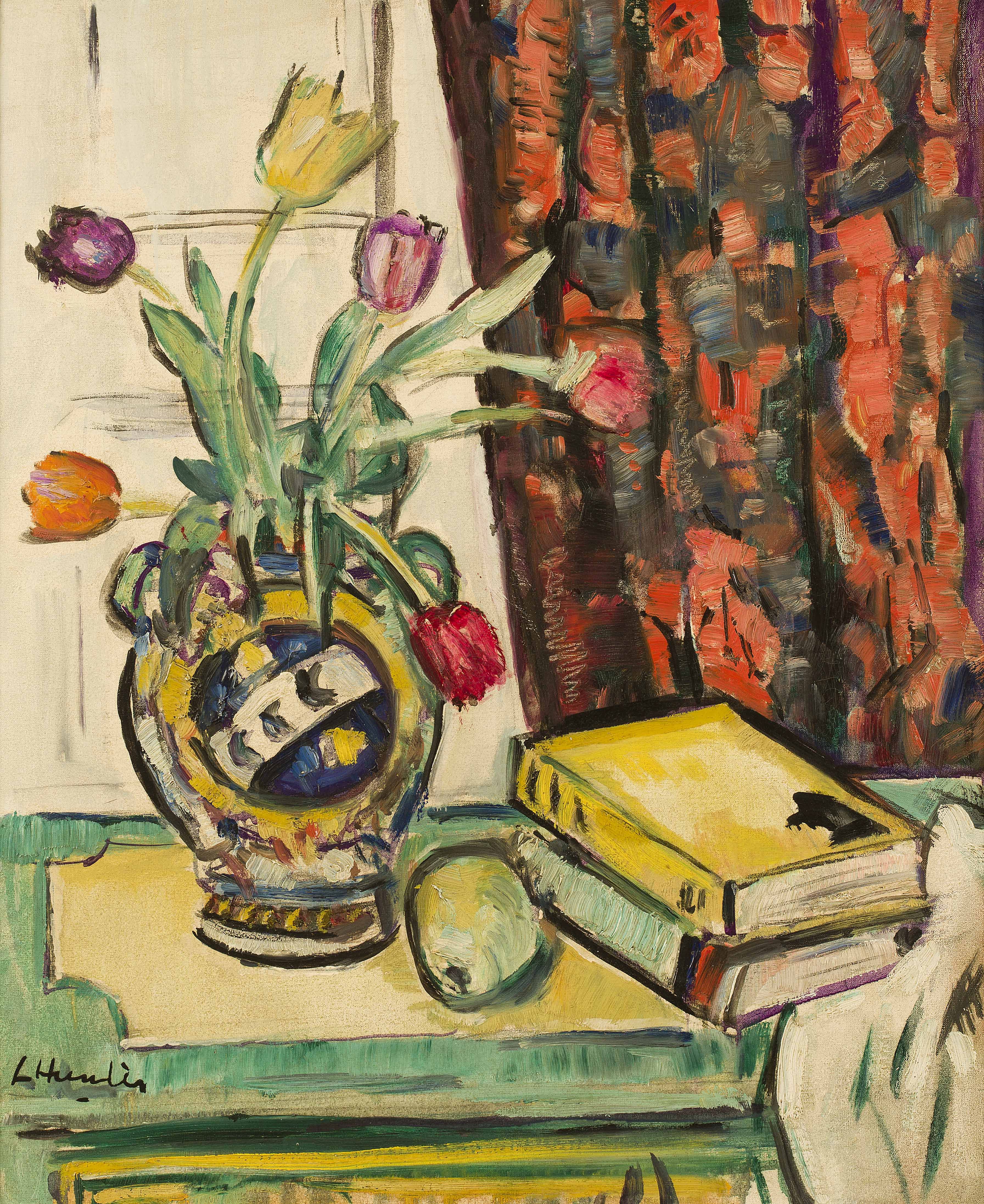 GEORGE LESLIE HUNTER | Still-life: Books and a Pear and Tulips in a Vase